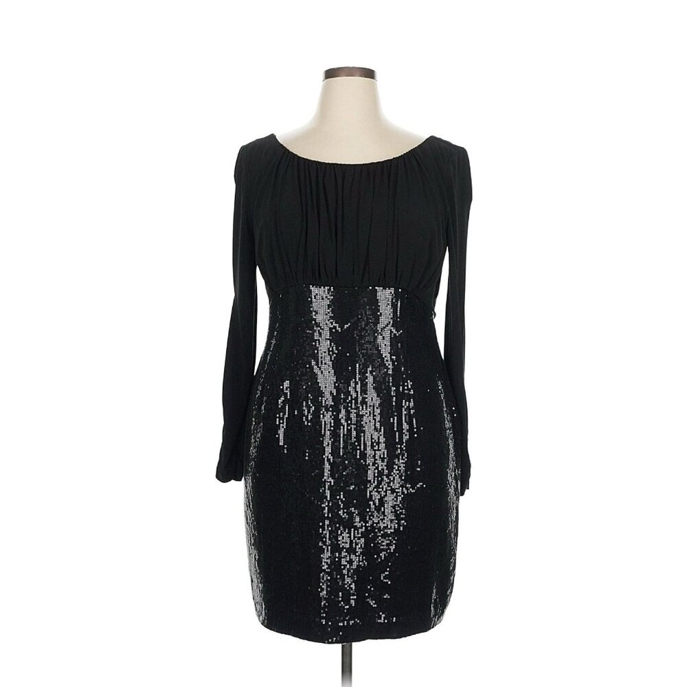 Tahari by ASL Black Sequin Empire Waist Midi Dress Sz 16 Long Sleeve Scoop Neck